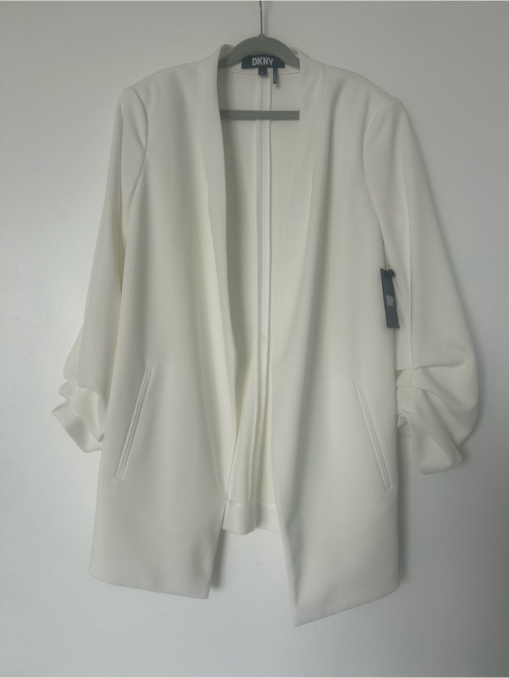 NWT DKNY Crisp Ivory Open-Front Blazer with Ruched Sleeves